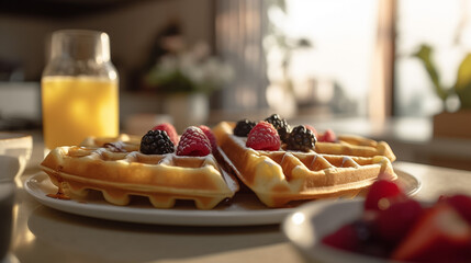 Close up of waffle with ice creams and mixed berries, copy space , concept for breakfast or dessert, blur background kitchen morning light. Generative AI