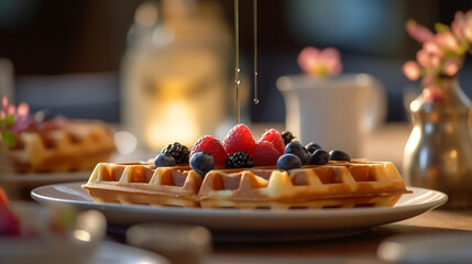Close up of waffle with ice creams and mixed berries, copy space , concept for breakfast or dessert, blur background kitchen morning light. Generative AI