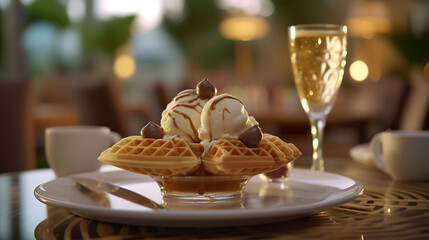 Close up of waffle with ice creams and mixed berries, copy space , concept for breakfast or dessert, blur background kitchen morning light. Generative AI
