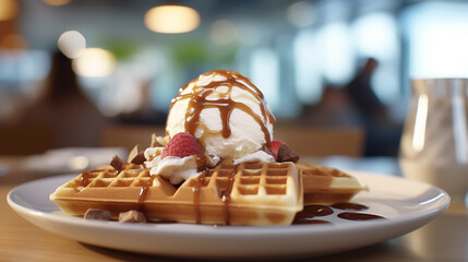 Close up of waffle with ice creams and mixed berries, copy space , concept for breakfast or dessert, blur background kitchen morning light. Generative AI