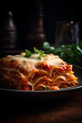  delicious lasagna dish. Layers of perfectly cooked pasta, rich tomato sauce, and flavorful cheese make this classic Italian dish an all-time favorite - obrazy, fototapety, plakaty