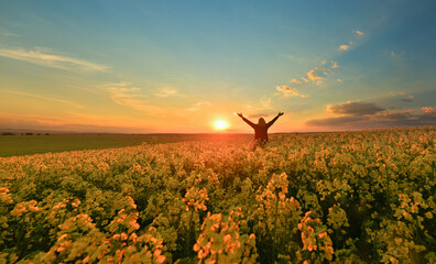 Happy woman on a flower field at sunrise  - 599936702