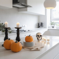 Fototapeta na wymiar Modern kitchen interior design in yellow and black colors, decorated for Halloween, Generative AI