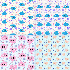 Set of seamless patterns for kids with happy smiling hearts and clouds in pastel colors. Childish style vector illustrations.