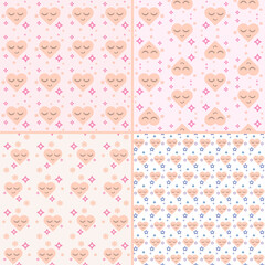 Set of seamless patterns in soft pastel colors. Good night set of vector illustrations with sleeping smiling hearts.