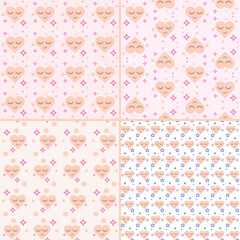 Set of seamless patterns in soft pastel colors. Good night set of vector illustrations with sleeping smiling hearts.