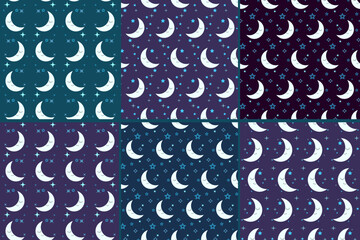 Good night vector illustrations with cute sleeping smiling crescents. Set of seamless patterns on dark blue and dark violet backgrounds.