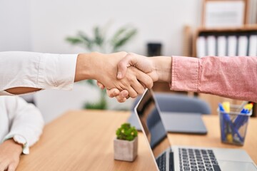 Man and woman business workers working shake hands at office