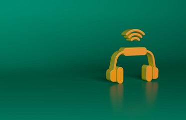 Orange Smart headphones system icon isolated on green background. Internet of things concept with wireless connection. Minimalism concept. 3D render illustration