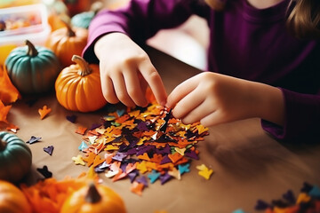 Close-up of children's hands making Halloween craft, Generative AI