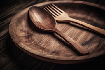 A wooden spoon and fork on a plate. Wood texture, background Generative AI
