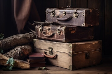A wooden trunk with vintage books. Wood texture, background Generative AI