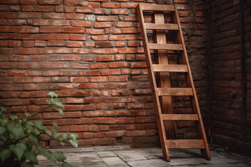 A wooden ladder against a brick wall. Wood texture, background Generative AI