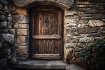 Fototapeta na wymiar A wooden door in a stone wall. Wood texture, background Generative AI