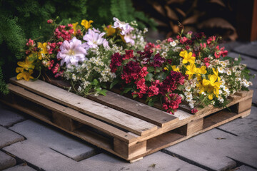 A wooden pallet filled with flowers. Wood texture, background Generative AI