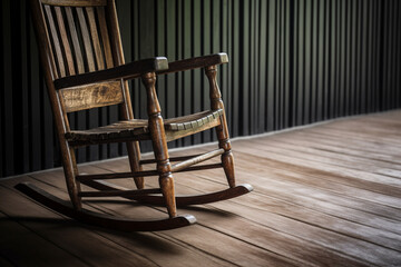 A wooden rocking chair on a porch. Wood texture, background Generative AI