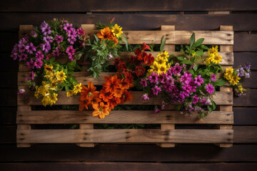 Fototapeta na wymiar A wooden pallet filled with flowers. Wood texture, background Generative AI