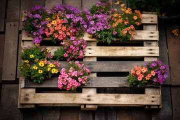 Fototapeta na wymiar A wooden pallet filled with flowers. Wood texture, background Generative AI