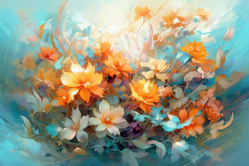 Obraz na płótnie Canvas Watercolor flower bouquet in orange and aquamarine on lightly structured paper, blended brushstrokes, bright luster, dreamy and ethereal, generated with AI