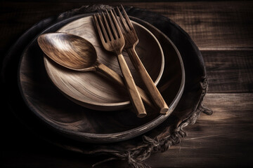 A wooden spoon and fork on a plate. Wood texture, background Generative AI