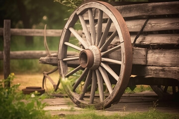 Fototapeta na wymiar A wooden wagon wheel leaning against a fence. Wood texture, background Generative AI