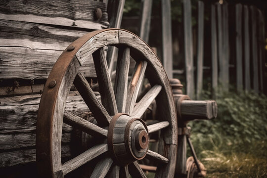 A wooden wagon wheel leaning against a fence. Wood texture, background Generative AI