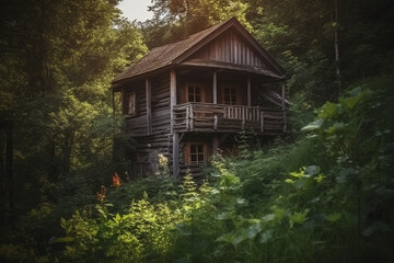 A wooden house in a forest. Wood texture, background Generative AI