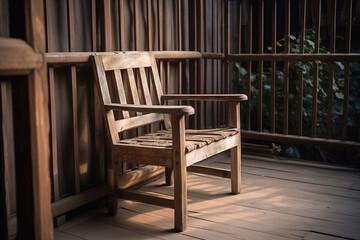 Fototapeta na wymiar A wooden chair on a porch. Wood texture, background Generative AI
