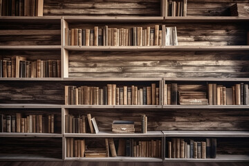 A wooden shelf filled with books. Wood texture, background Generative AI