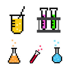 pixelated Colorful Set Chemical Vessels,  chemical laboratory ware pixel art