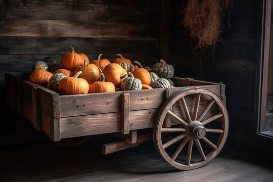 A wooden cart filled with pumpkins. Wood texture, background Generative AI