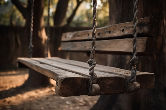 A wooden swing hanging from a tree. Wood texture, background Generative AI