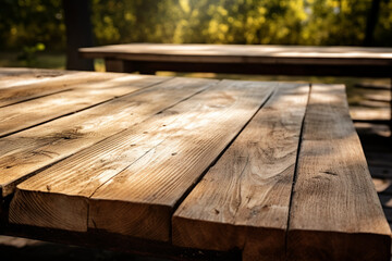 A wooden picnic table in a park. Wood texture, background Generative AI