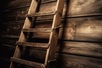 A wooden ladder leaning against a wall. Wood texture, background Generative AI