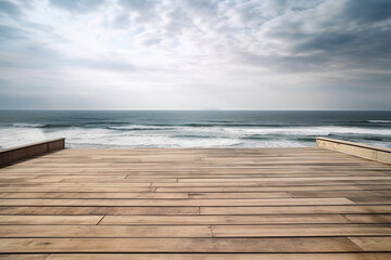 Fototapeta na wymiar A wooden deck with a view of the ocean. Wood texture, background Generative AI