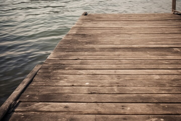 A wooden pier extending into a lake. Wood texture, background Generative AI