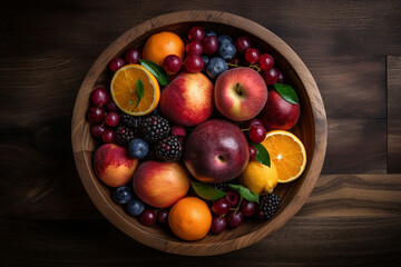 Fototapeta na wymiar A wooden bowl filled with colorful fruit. Wood texture, background Generative AI