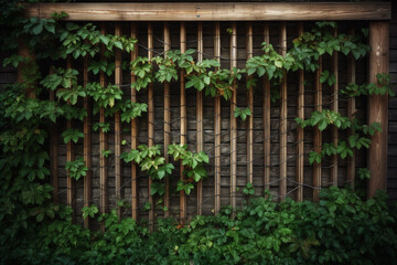 A wooden trellis covered in climbing plants. Wood texture, background Generative AI