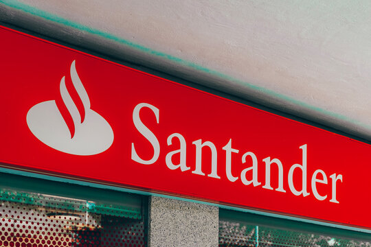 Benidorm, Spain - May 01, 2023. Santander logo sign on Santander bank branch office. Santander Bank is a global financial institution headquartered in Spain