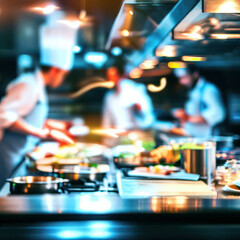 Fototapeta na wymiar Professional restaurant kitchen with chefs cooking delicious food, generative ai