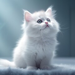 Cute White Cat Posing in Bright Blue Background