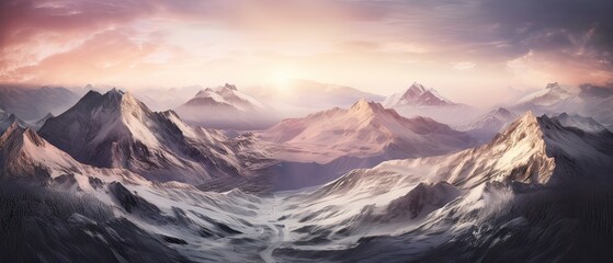 Fototapeta na wymiar Aerial View from Airplane of Snow Covered Mountain Landscape in Winter. Colorful Pink Sky Art Render. Generative Ai.