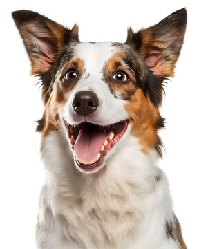 Australian Shepherd dog head portrait, happy excited, isolated background. Generative Ai.