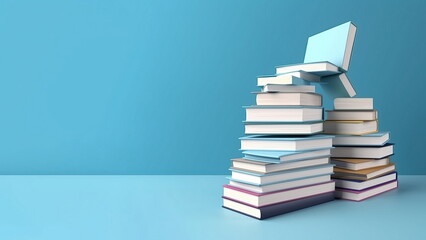 Stack of books on a blue background