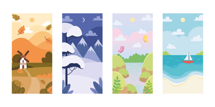 Four seasons of nature vector illustration. Winter, spring, summer and autumn