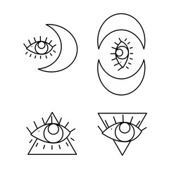 A small set of the all-seeing eye, the sign of the Masons and the crescent. Doodle vector illustration, clipart.