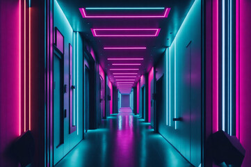 Neon lights in a dark hallway, with dark neon background for a empty room made with Ai generated