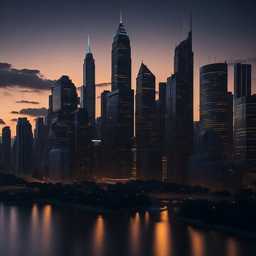 City skyline with sunset lighting