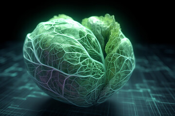 Obraz premium Cabbage shaped like heart on futuristic background love for healthy lifestyle concept. Generative AI