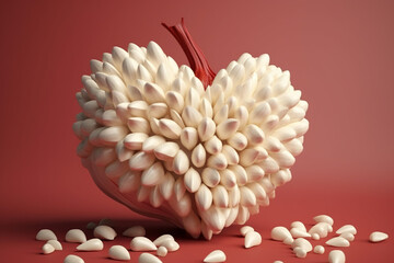 Heart made of garlic heads on red background. Anti-date concept. Generative AI